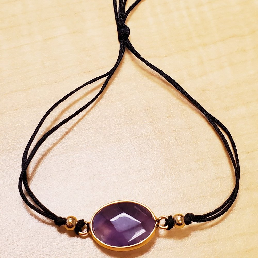 Faceted Amethyst Purple Gold Framed Bead Black Silk Adjustable Lariat Bracelet